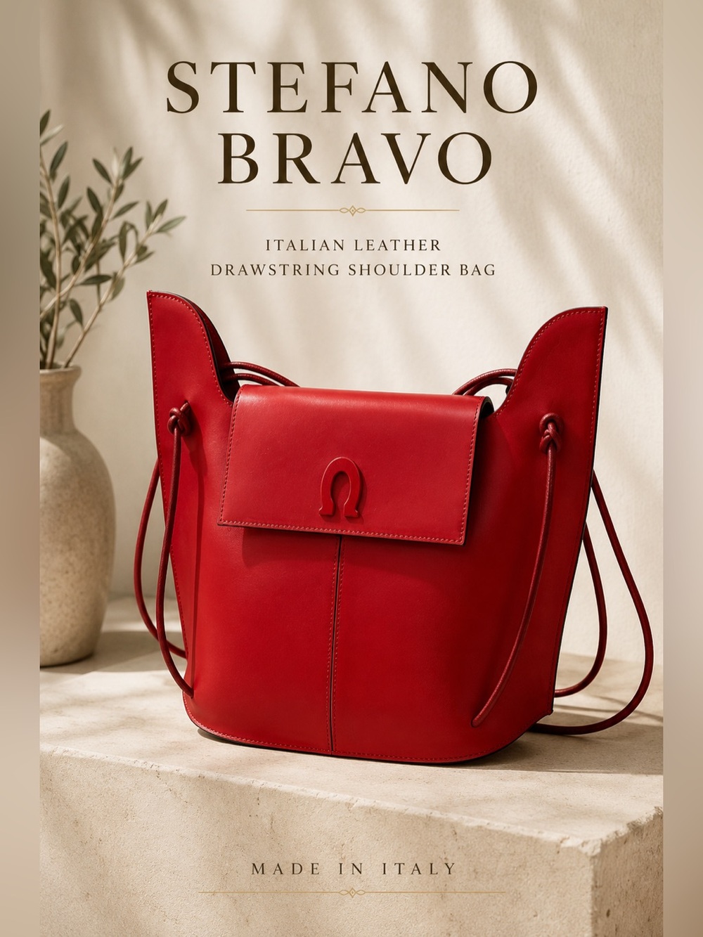 Stefano Bravo Red Italian Leather Drawstring Shoulder Bag